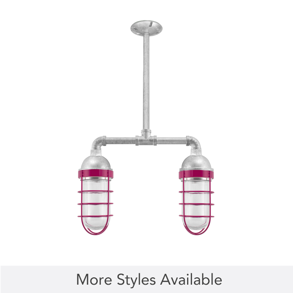Merger 2-Light Chandelier, 975-Galvanized, Topless Shade, WGG-Wire Guard, 490-Magenta, RIB-Ribbed Glass
