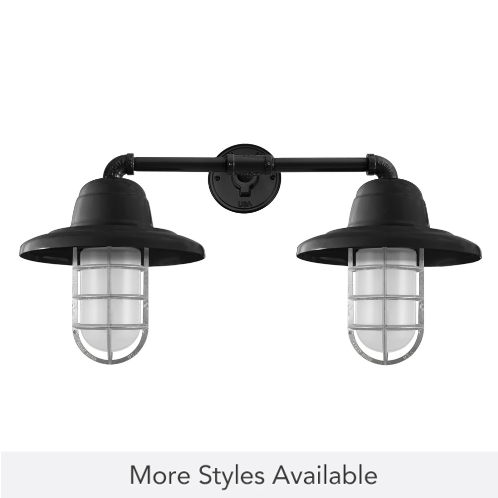 Double Market LED Industrial Guard Sconce, 100-Black, CGG-Standard Cast Guard, 975-Galvanized, FST-Frosted Glass