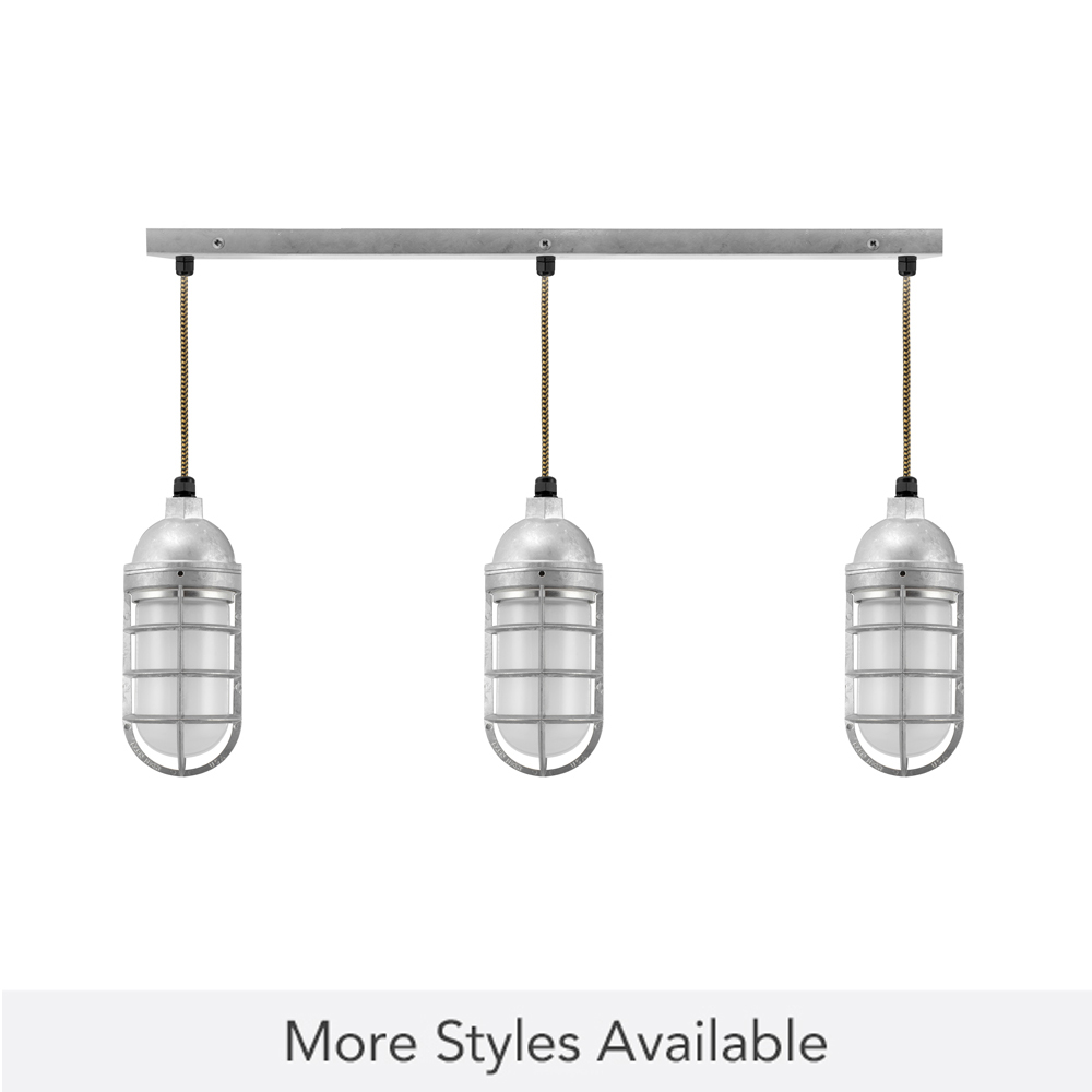 Enterprise LED 3-Light Chandelier, 975-Galvanized, Topless Shade, CGG-Standard Cast Guard, FST-Frosted Glass, CSBG-Black & Gold Cloth Cord