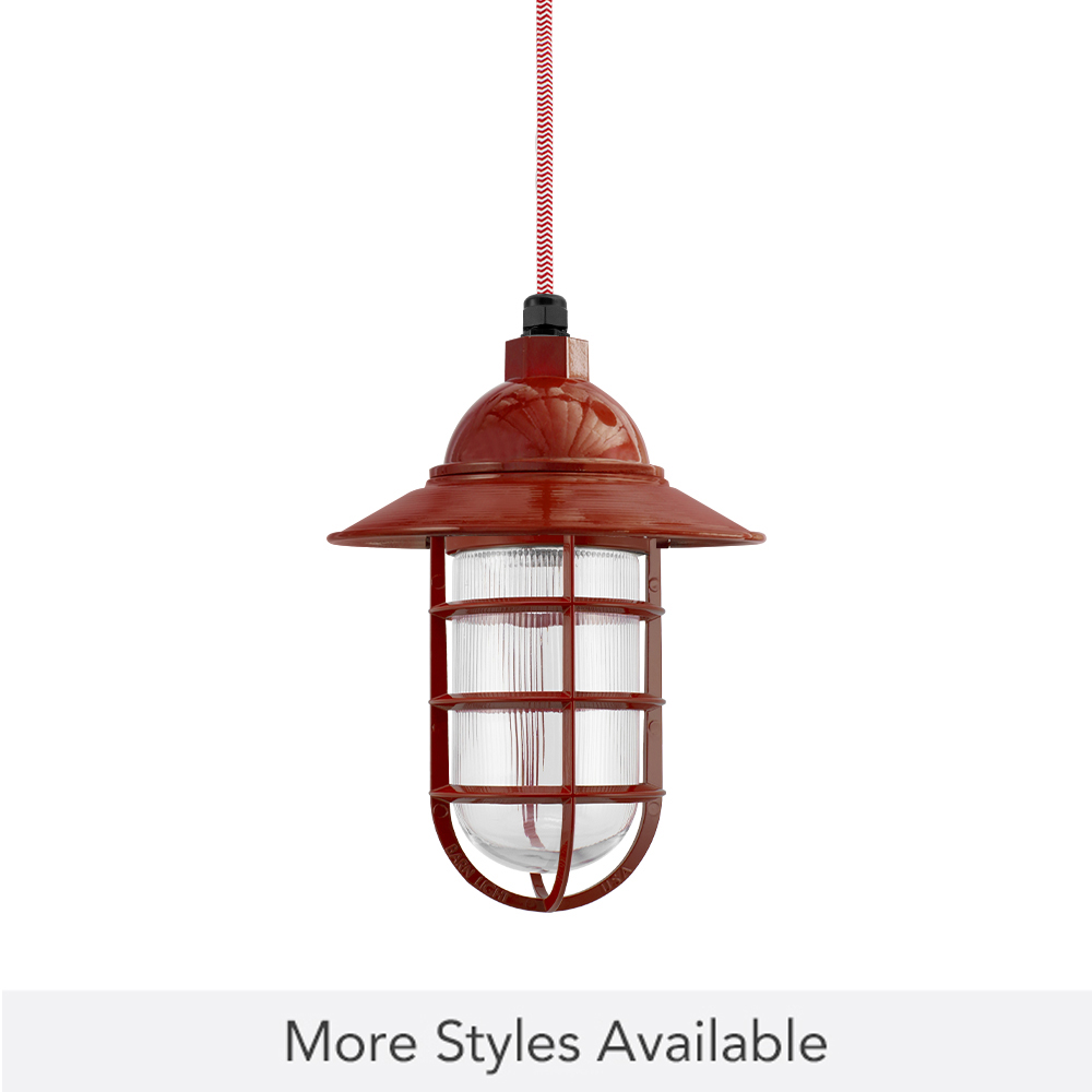 Industrial Guard LED Pendant Light, 400-Barn Red, Flared Shade, CGG-Standard Cast Guard, RIB-Ribbed Glass, CRZ-Red Chevron Cord