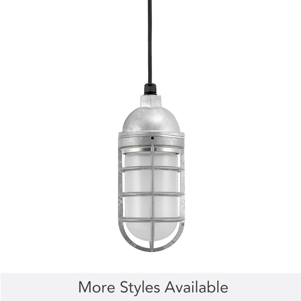 Industrial Guard Pendant Light, 975-Galvanized, Topless Shade, TGG-Heavy Duty Cast Guard, FST-Frosted Glass, CSB-Black Cloth Cord