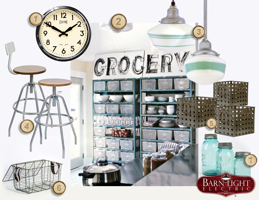 Industrial storage & vintage decor for a kitchen.