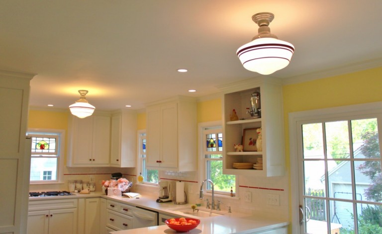 Schoolhouse Pendants Crowning Touch In Tudor Kitchen Remodel